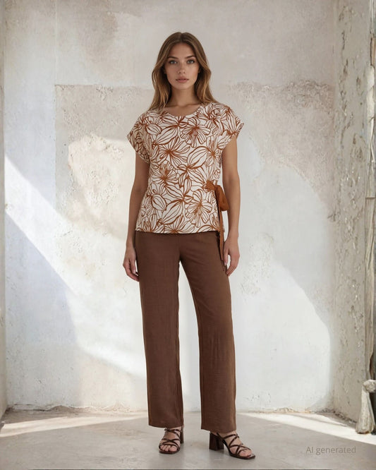 Pantalone palazzo in viscosa bollito con tasche ed elastico posteriore cioccolato