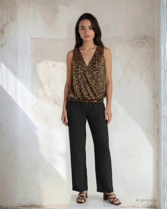 Pantalone palazzo in viscosa bollito con tasche ed elastico posteriore nero
