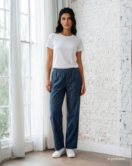 Pantalone dritto in chambray con elastico