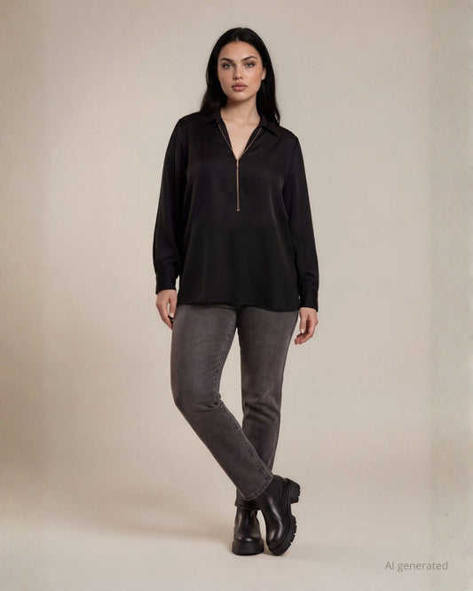 Casacca in tessuto fluido con colletto e collana inclusa curvy nero