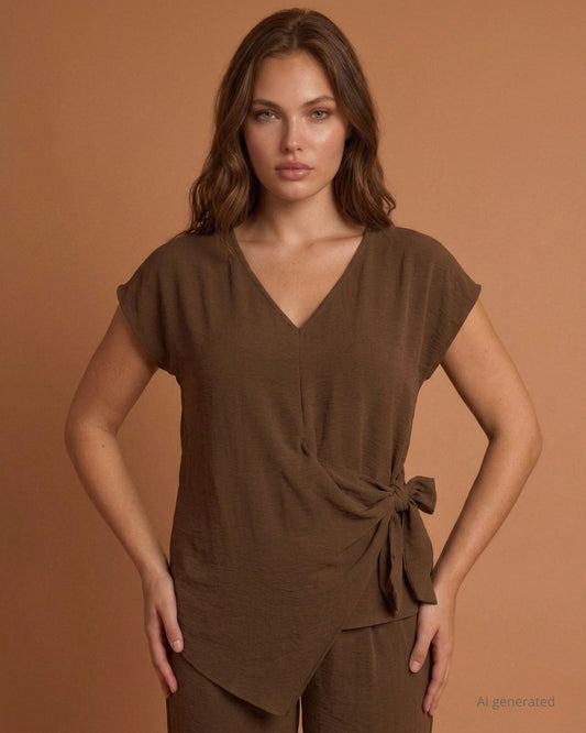 Casacca a kimono in viscosa bollito marrone cioccolato con nodo laterale curvy