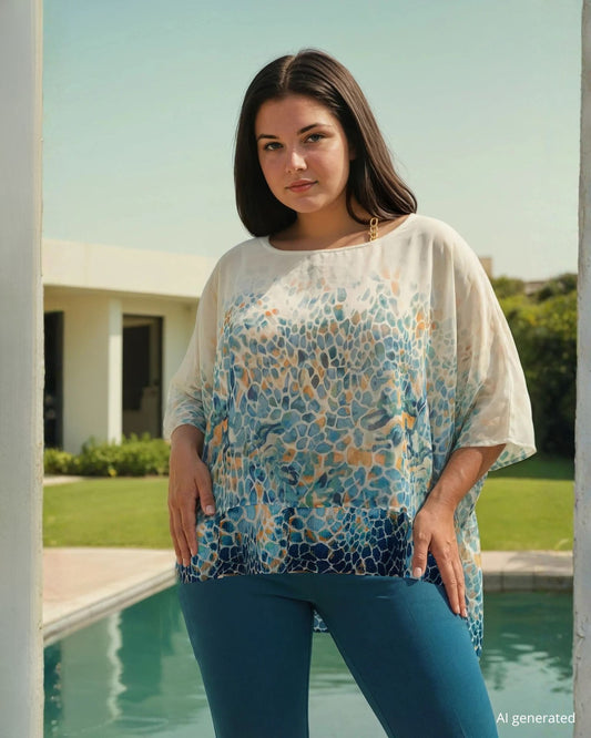 Poncho in georgette fantasia navy con spallina gioiello e parte di paillettes sul fondo curvy