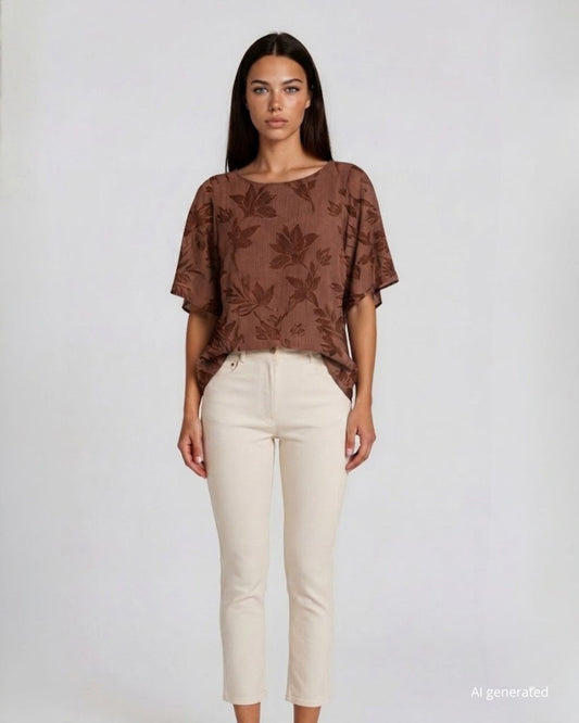 Casacca in jacquard viscosa motivo floreale con maniche ad ala cioccolato