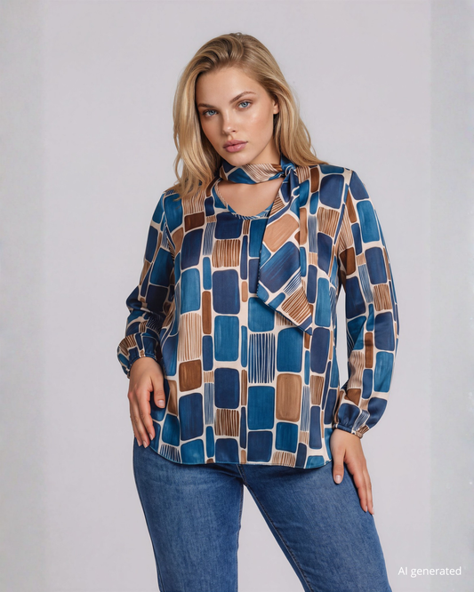 Casacca in raso fantasia con sciarpina sullo scollo curvy