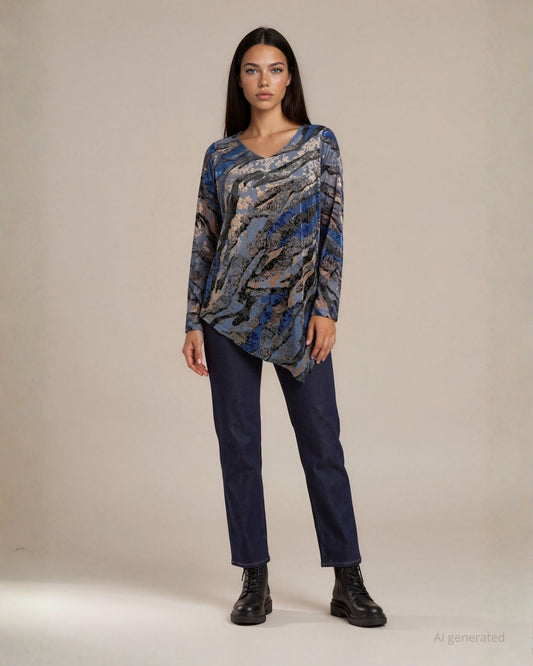 Maglia fantasia in ciniglia devorata blue e nera con punta asimmetrica