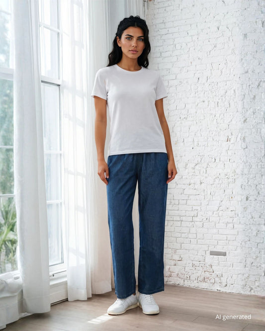 Pantalone dritto in chambray con elastico