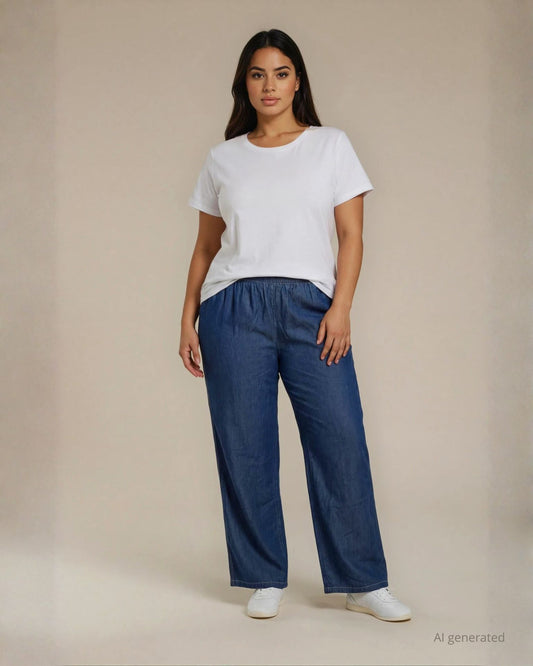 Pantalone dritto in chambray con elastico curvy