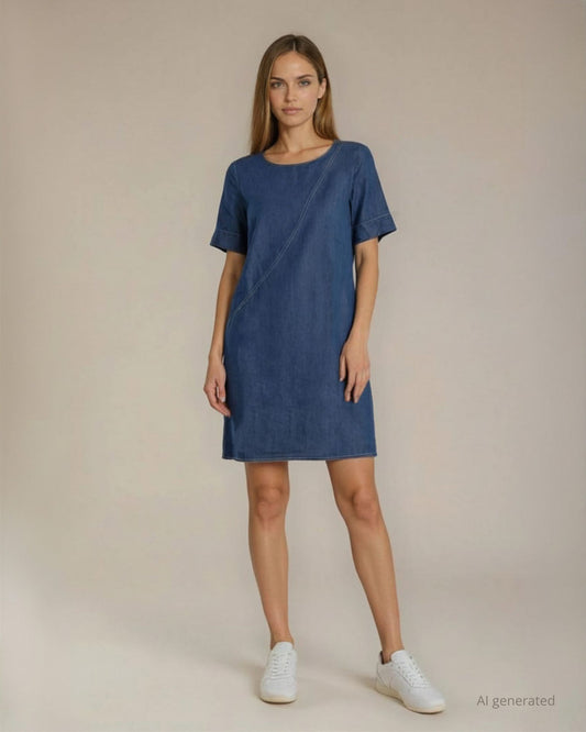 Vestito in chambray con tasche e risvolti