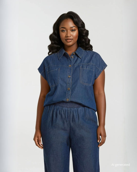 Casacca a kimono in chambray con tasche e colletto curvy