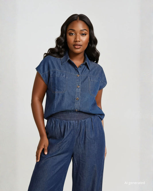 Casacca a kimono in chambray con tasche e colletto curvy