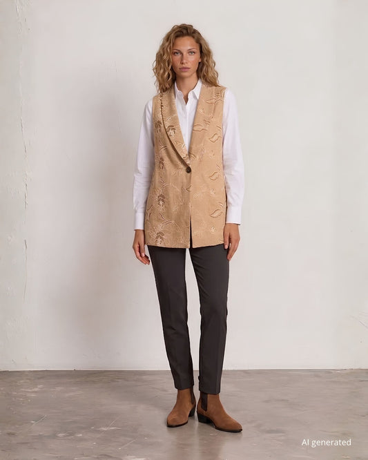 Gilet lungo con collo a scialle e spacchi laterali in tessuto melange e bottone in ecopelle
