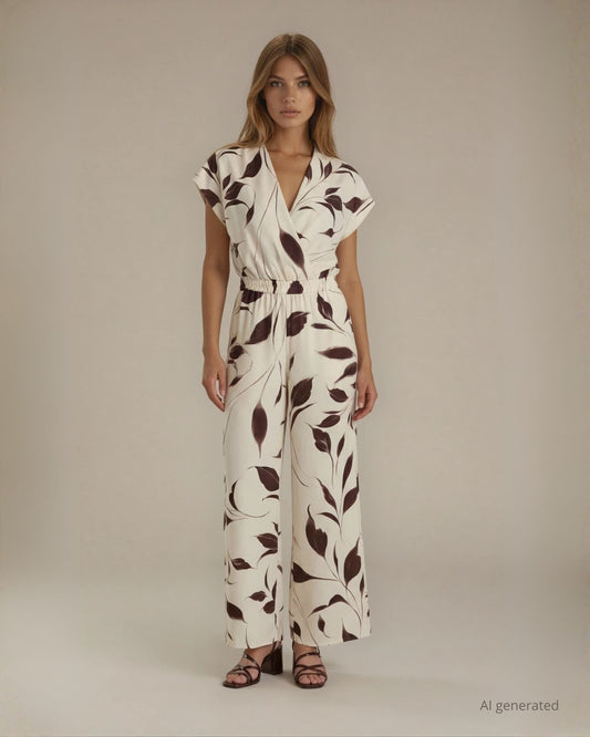 Tuta lunga in cady fantasia con elastico in vita e pantaloni palazzo