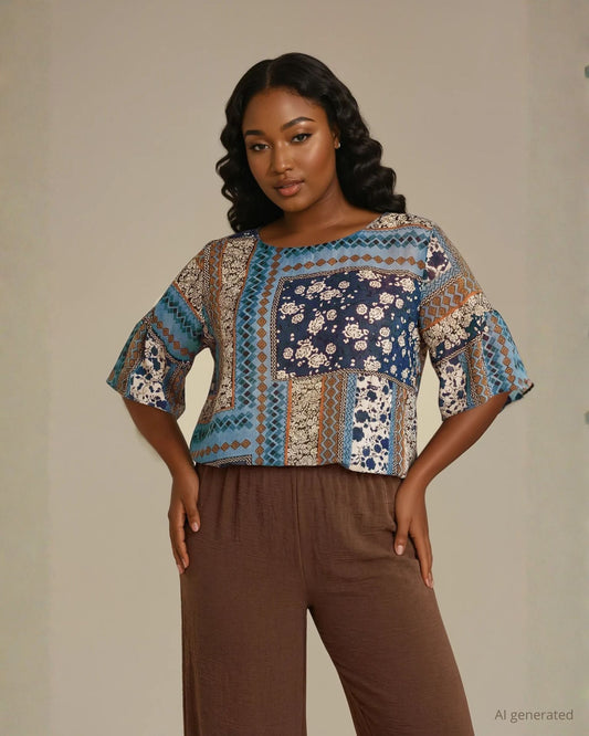 Casacca in georgette fantasia con volant ai polsi