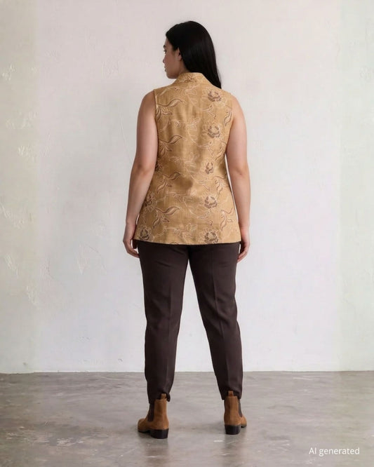 Gilet lungo con collo a scialle e spacchi laterali in tessuto melange e bottone in ecopelle curvy
