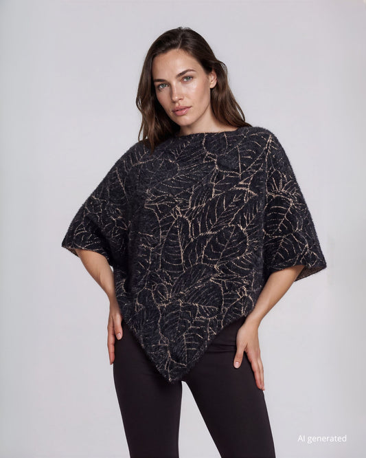 Poncho in maglia jacquard con motivo foglie