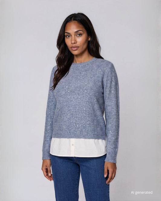 Maglia in filato paillettes con finta camicia sul fondo