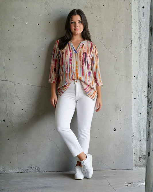 Camicia in viscosa quarzo con maniche a tre quarti e spacco a V sullo scollo