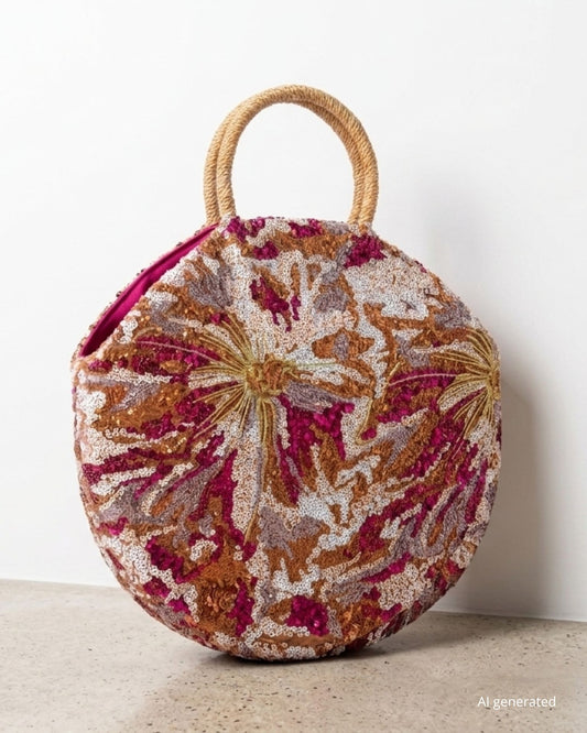 Borsa paillettes tonda in paglia con manici e laccetto come chiusura fucsia (più tracolla)