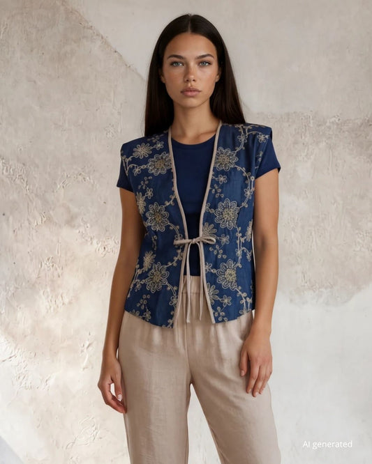 Gilet corto in jeans ricamato