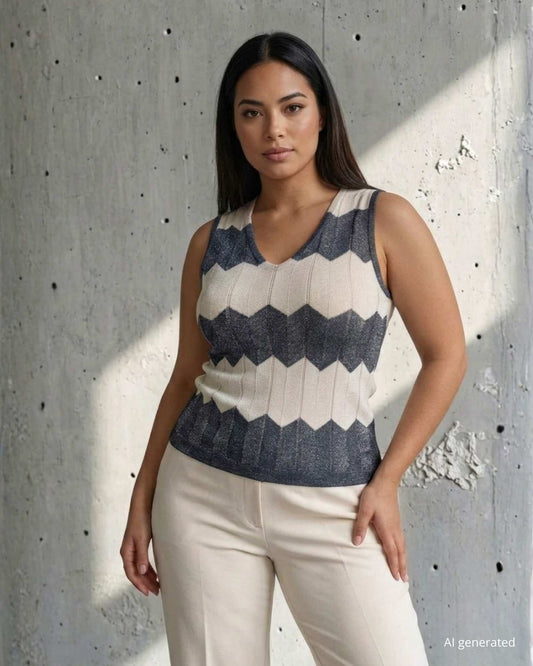 Top bicolore con scollo a V curvy