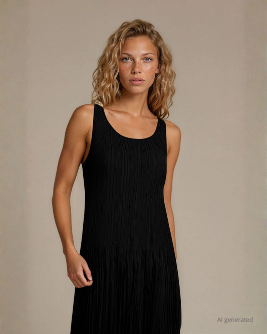 Vestito lungo in georgette plisse’ foderata con dettaglio di nodo oro su una spalla nero