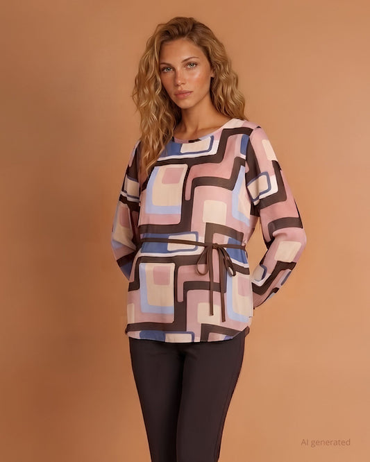 Camicia lunga in georgette fantasia con elastico ai polsini e cinturina in scuba suede