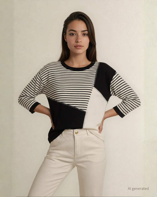 Maglia bicolore con righe e strass