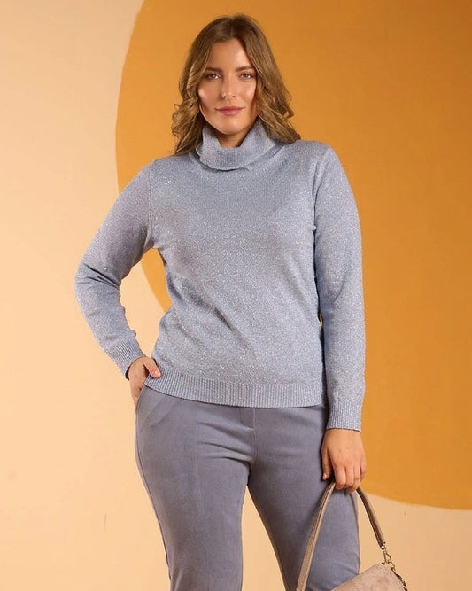 Maglia collo alto in filato paillettes denim