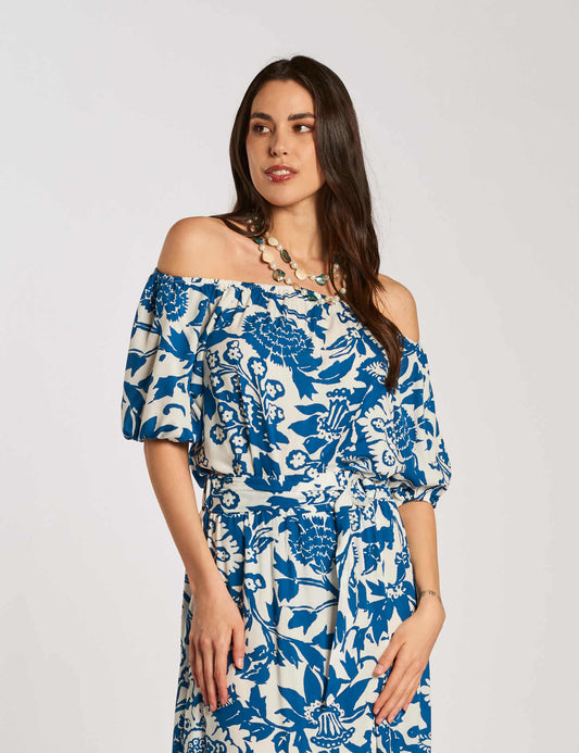 Casacca in viscosa fantasia floreale blu con elastico sulle spalle
