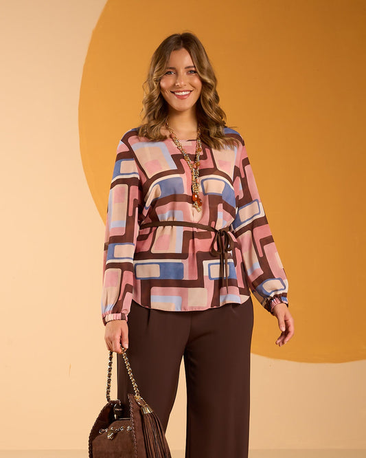 Camicia lunga in georgette fantasia con elastico ai polsini e cinturina in scuba suede curvy