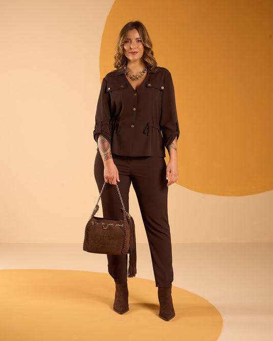 Pantalone in cady fluido caffè con zip ed elastico posteriore curvy