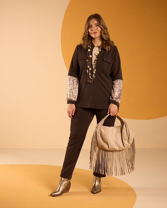 Casacca in scubacrepe con zip frontale e maniche fantasia maculata curvy