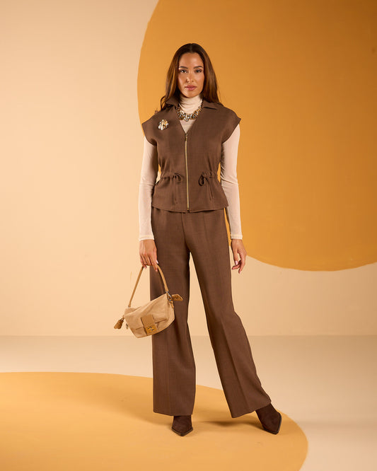 Pantalone gamba dritta melange con elastico in vita