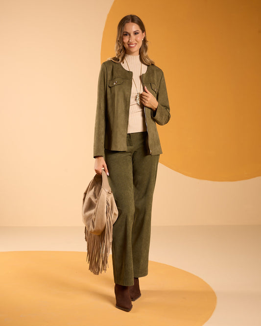 Pantalone gamba larga in velluto a coste con finta tasca e zip