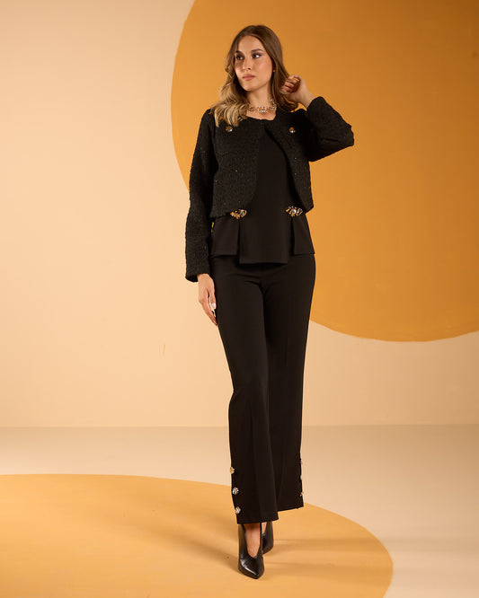 Pantalone largo gamba dritta in scubacrepe con spacco sul fondo e bottoni