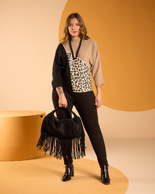 Leggings in punto Milano con fondo asimmetrico e bottone curvy