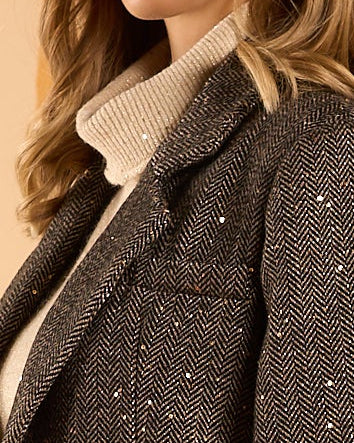 Giacca revers in tessuto rescato con micropaillettes e tasche con pattine