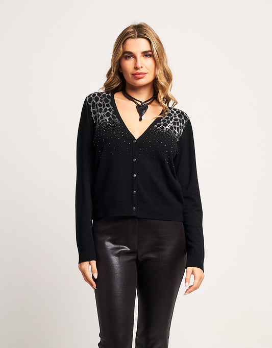 Cardigan con strass animalier sulle spalle