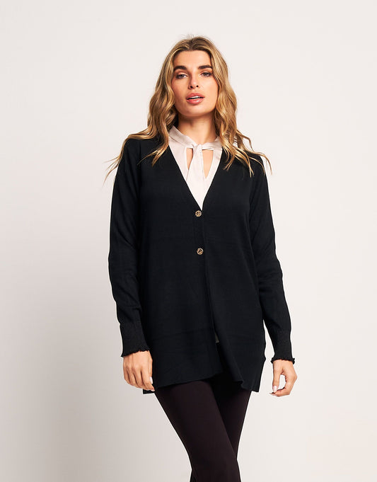 Cardigan in maglia lurex con volant e bottoni