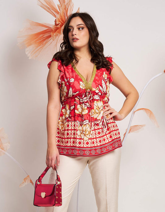 Casacca fantasia con coulisse e scollo a V