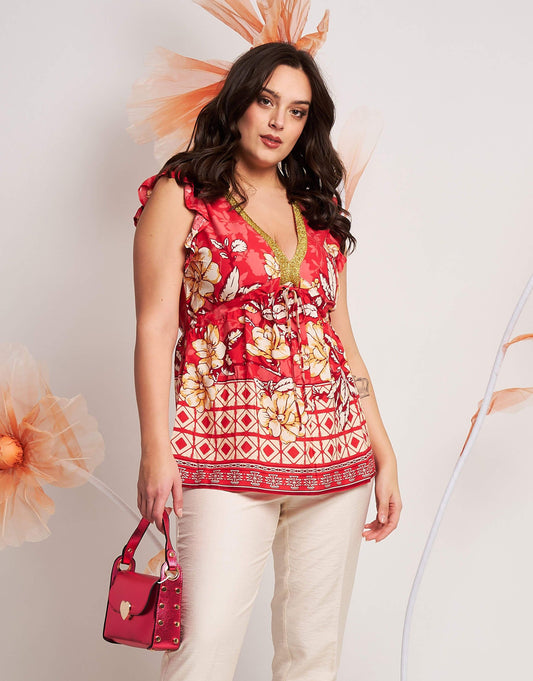 Casacca fantasia con coulisse e scollo a V