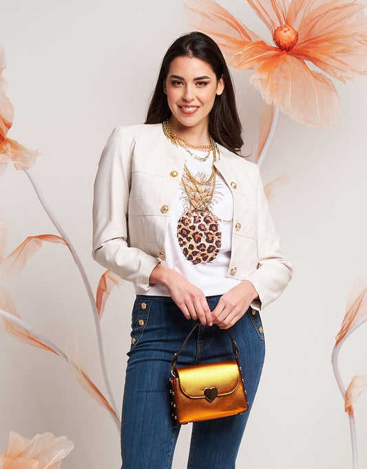 Giubbino in ecopelle foderato con bottoni oro