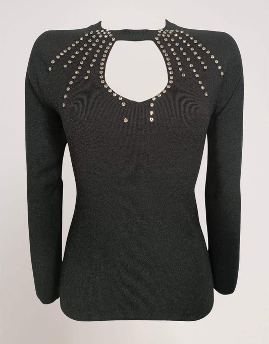 Maglia a coste con oblo' e diamanti