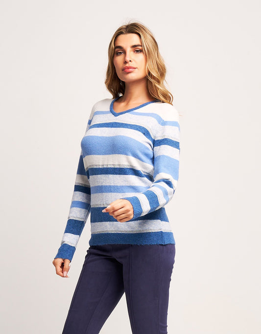 Maglia a righe con lurex e scollo a V