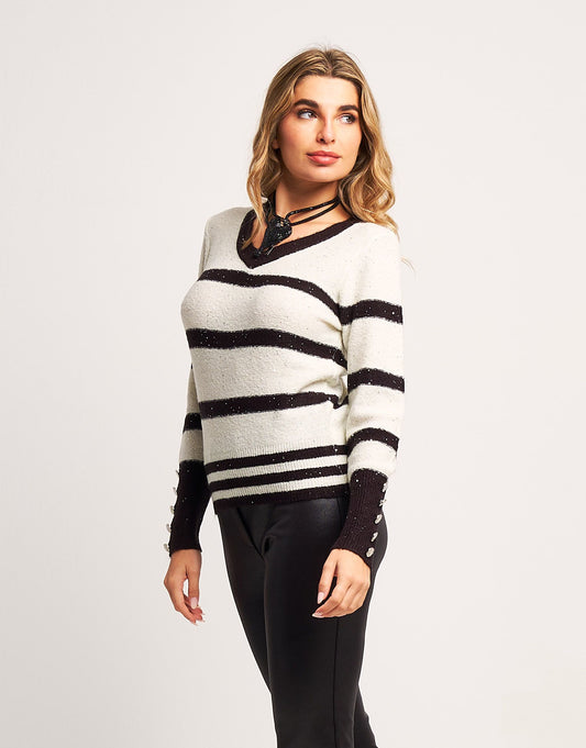 Maglia a righe con paillettes e bottoni