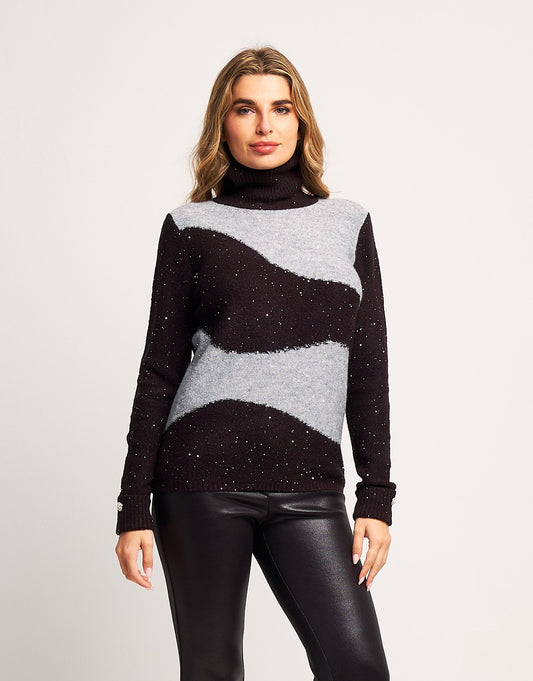 Maglia bicolore con collo alto e paillettes