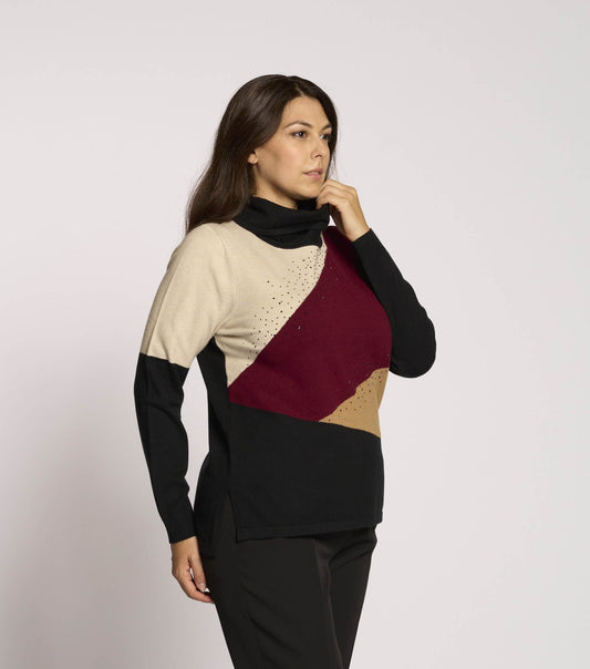 Maglia collo alto con strass neri curvy