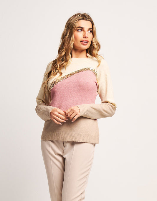 Maglia color block con righe paillettes