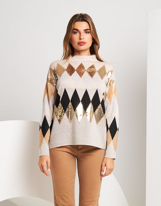 Maglia con fantasia di rombi in paillettes