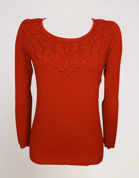 Maglia con fiori e strass sullo scollo